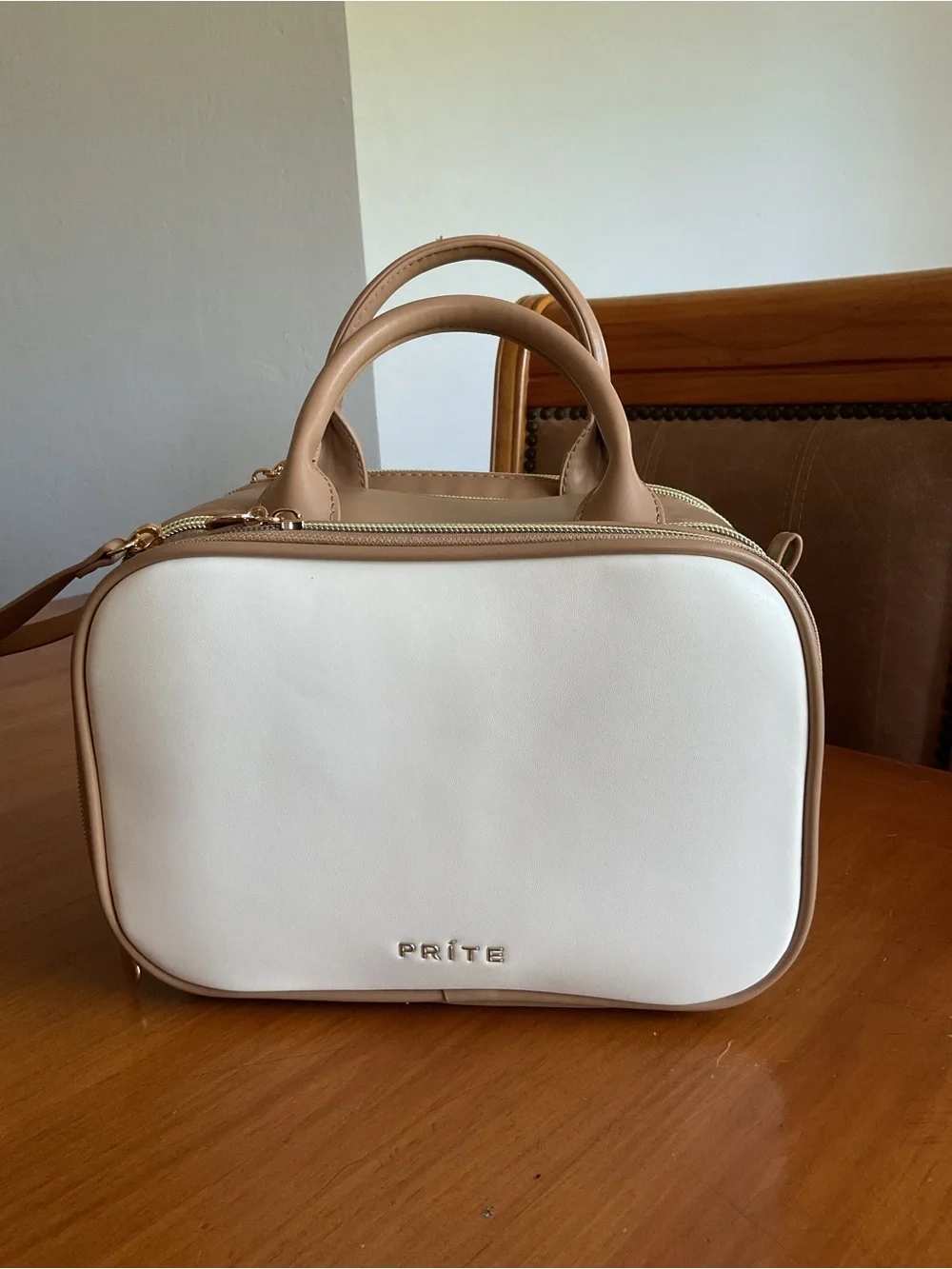 Cream and Tan Cosmetic Travel Case with Top Handles